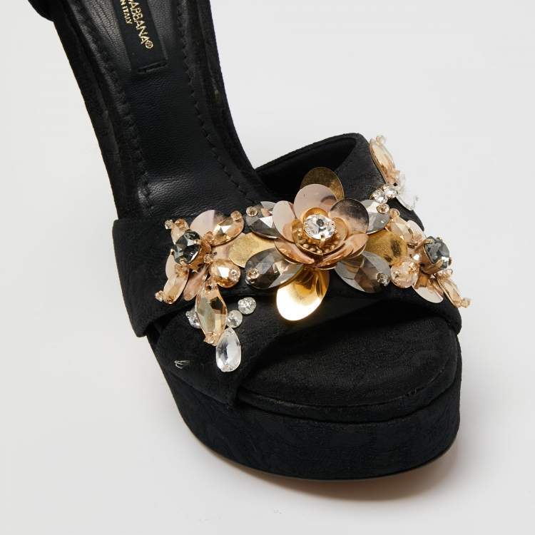 Pre Owned Dolce & Gabbana Black Brocade Fabric Embellished Cross Strap Platform Sandals Size 35