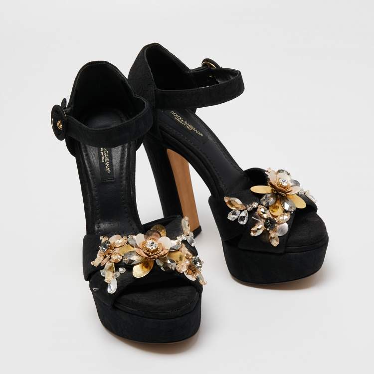 Pre Owned Dolce & Gabbana Black Brocade Fabric Embellished Cross Strap Platform Sandals Size 35