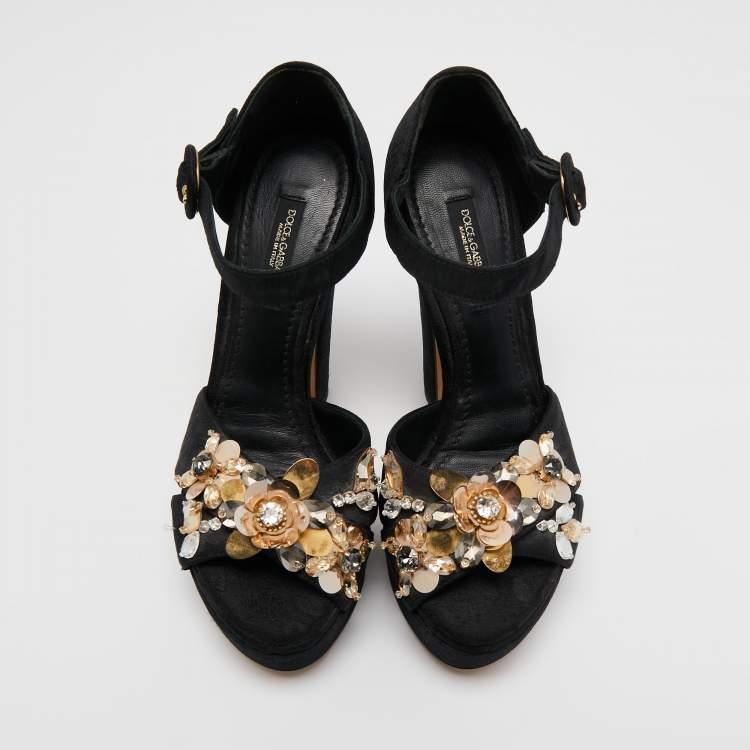 Pre Owned Dolce & Gabbana Black Brocade Fabric Embellished Cross Strap Platform Sandals Size 35