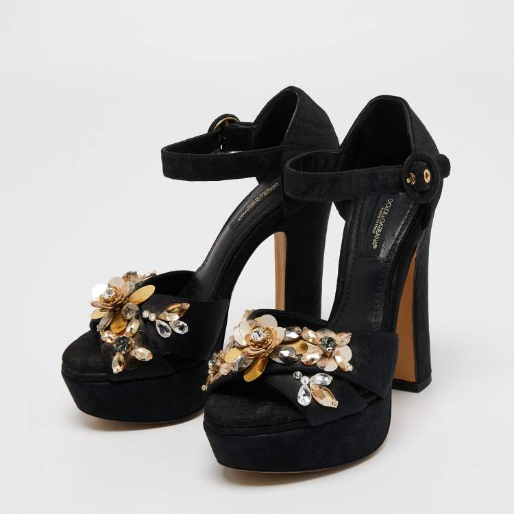 Pre Owned Dolce & Gabbana Black Brocade Fabric Embellished Cross Strap Platform Sandals Size 35