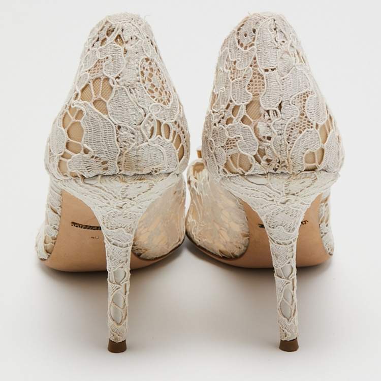 Pre Owned Dolce & Gabbana White Lace Crystal Embellished Bellucci Pointed Toe Pumps Size 40
