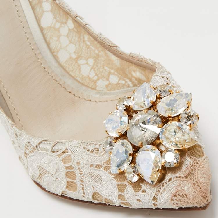 Pre Owned Dolce & Gabbana White Lace Crystal Embellished Bellucci Pointed Toe Pumps Size 40
