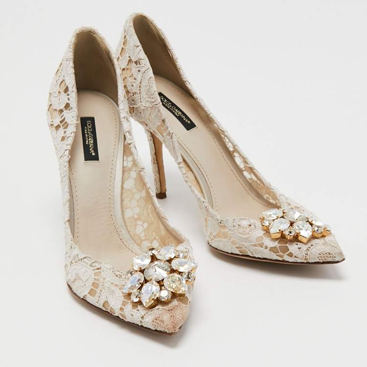Pre Owned Dolce & Gabbana White Lace Crystal Embellished Bellucci Pointed Toe Pumps Size 40
