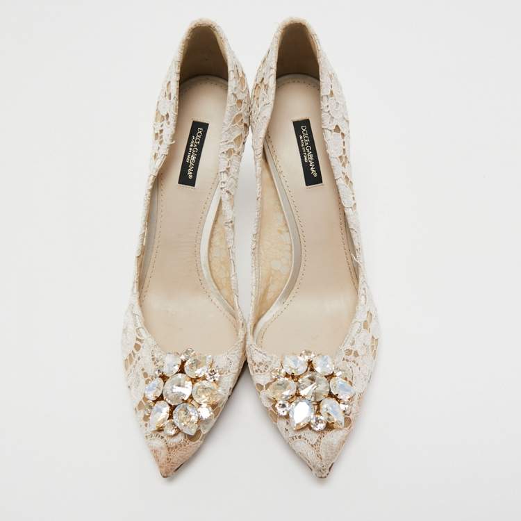 Pre Owned Dolce & Gabbana White Lace Crystal Embellished Bellucci Pointed Toe Pumps Size 40