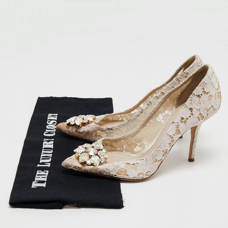 Pre Owned Dolce & Gabbana White Lace Crystal Embellished Bellucci Pointed Toe Pumps Size 40