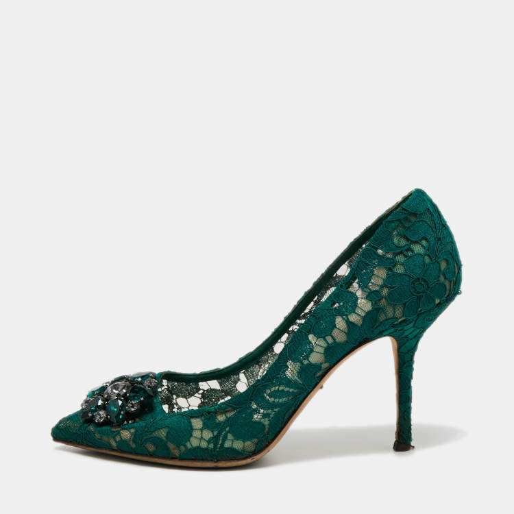 Pre Owned Dolce & Gabbana Green Mesh And Lace Bellucci Pumps Size 40