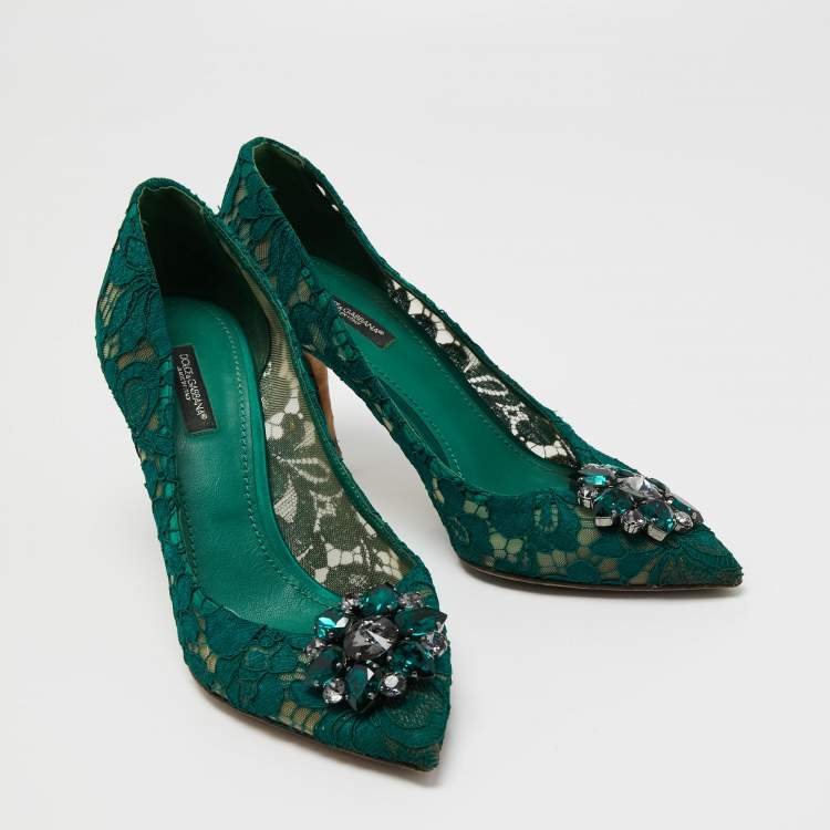 Pre Owned Dolce & Gabbana Green Mesh And Lace Bellucci Pumps Size 40