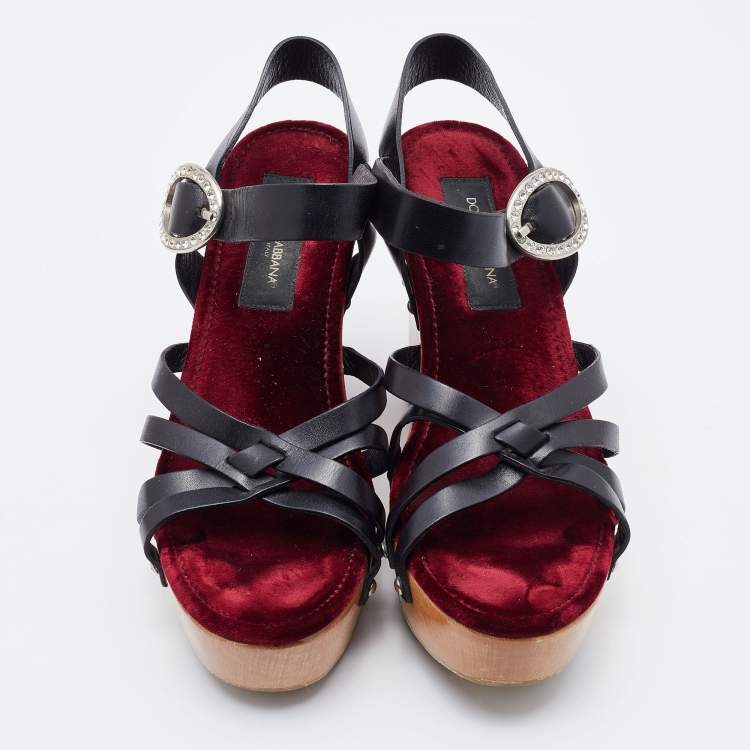 Pre Owned Dolce & Gabbana Black Leather Platform Wedge Ankle Strap Sandals Size 39