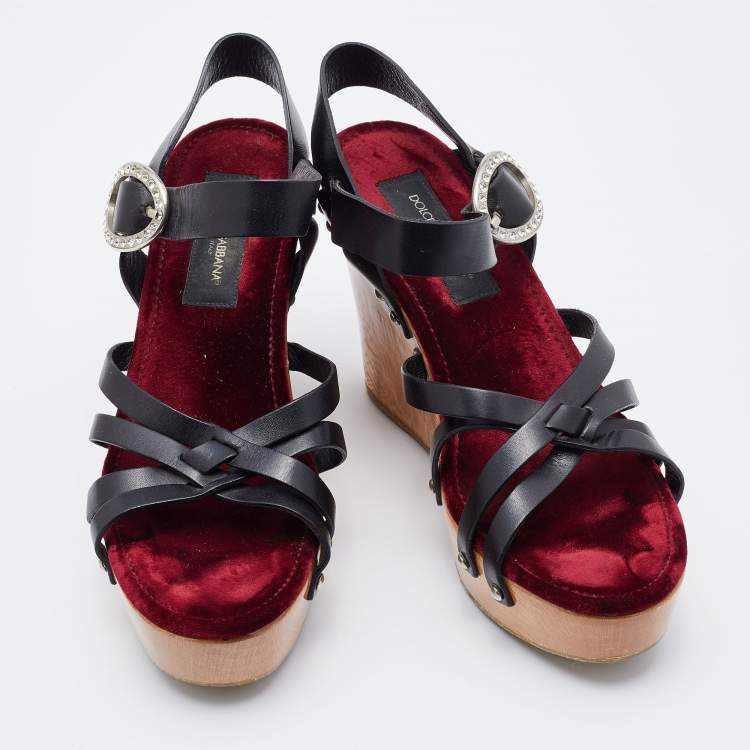 Pre Owned Dolce & Gabbana Black Leather Platform Wedge Ankle Strap Sandals Size 39