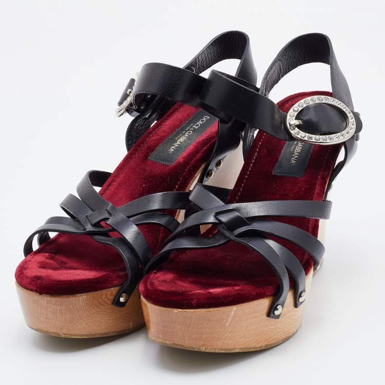 Pre Owned Dolce & Gabbana Black Leather Platform Wedge Ankle Strap Sandals Size 39