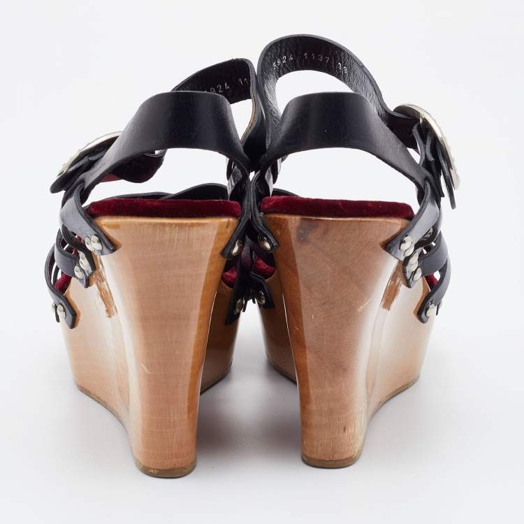 Pre Owned Dolce & Gabbana Black Leather Platform Wedge Ankle Strap Sandals Size 39