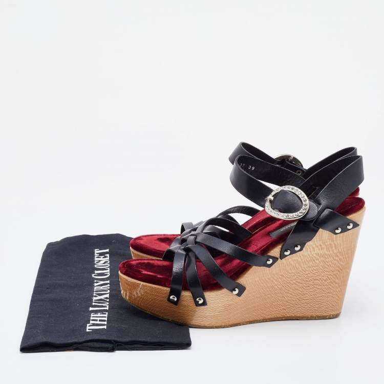 Pre Owned Dolce & Gabbana Black Leather Platform Wedge Ankle Strap Sandals Size 39