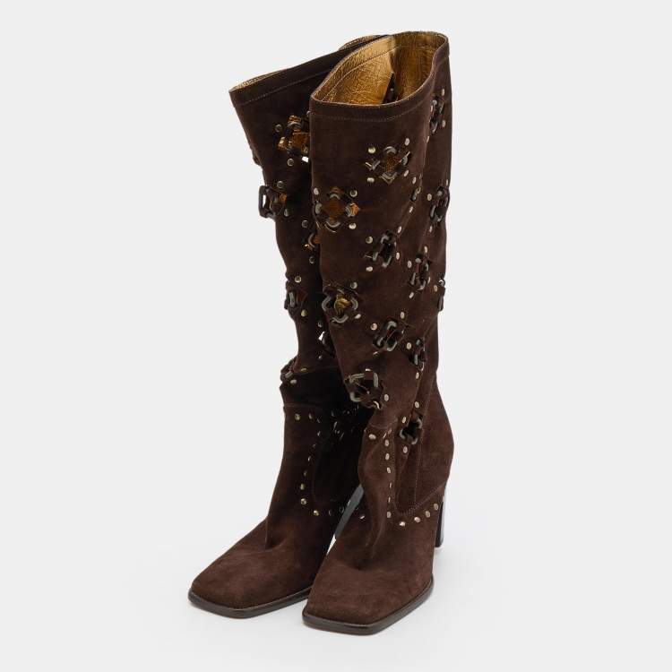 Pre Owned Dolce & Gabbana Brown Suede Embellished Knee Length Boots Size 38.5
