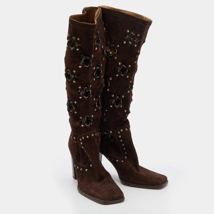 Pre Owned Dolce & Gabbana Brown Suede Embellished Knee Length Boots Size 38.5