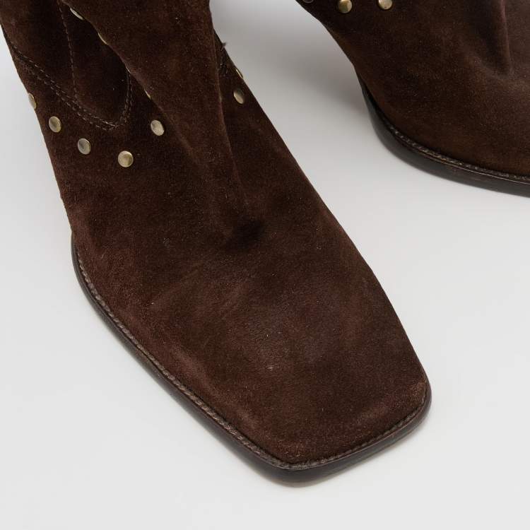 Pre Owned Dolce & Gabbana Brown Suede Embellished Knee Length Boots Size 38.5