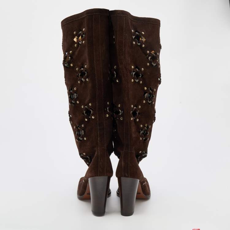 Pre Owned Dolce & Gabbana Brown Suede Embellished Knee Length Boots Size 38.5