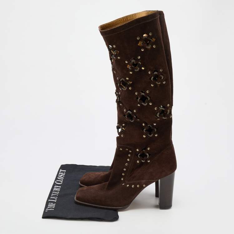 Pre Owned Dolce & Gabbana Brown Suede Embellished Knee Length Boots Size 38.5