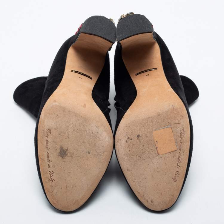 Pre Owned Dolce & Gabbana Black Suede Jewel Heel Ankle Boots Size 37