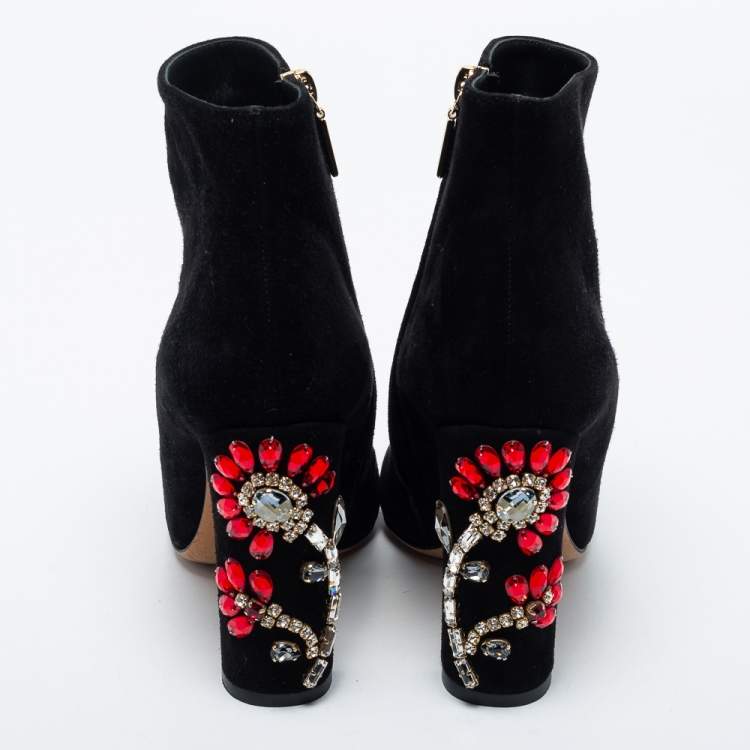 Pre Owned Dolce & Gabbana Black Suede Jewel Heel Ankle Boots Size 37