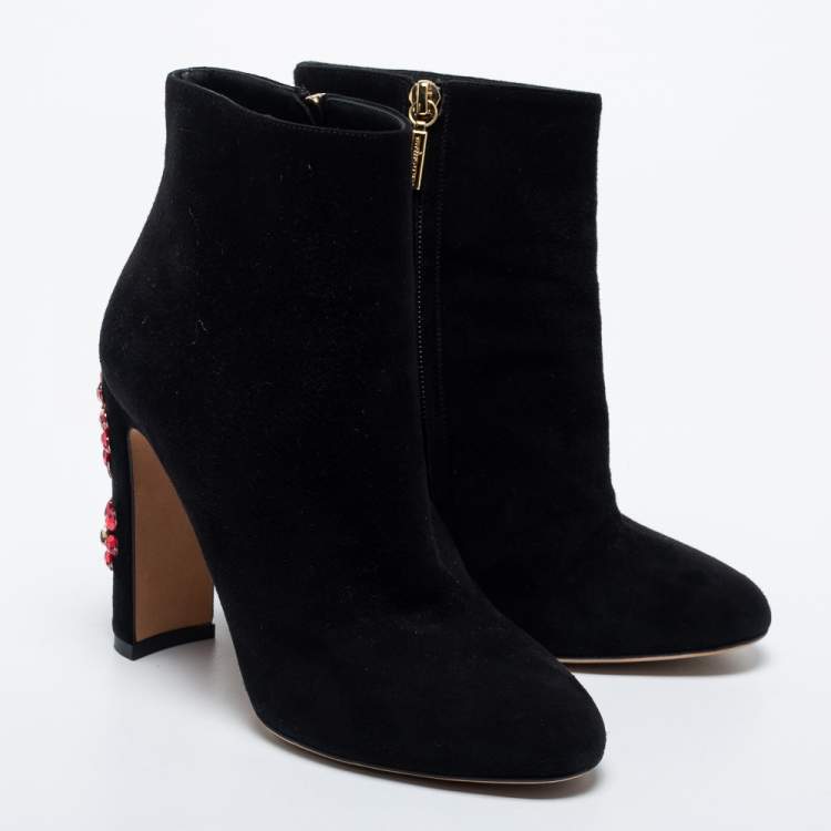 Pre Owned Dolce & Gabbana Black Suede Jewel Heel Ankle Boots Size 37