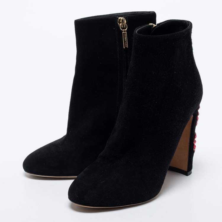 Pre Owned Dolce & Gabbana Black Suede Jewel Heel Ankle Boots Size 37