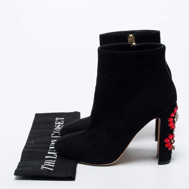 Pre Owned Dolce & Gabbana Black Suede Jewel Heel Ankle Boots Size 37