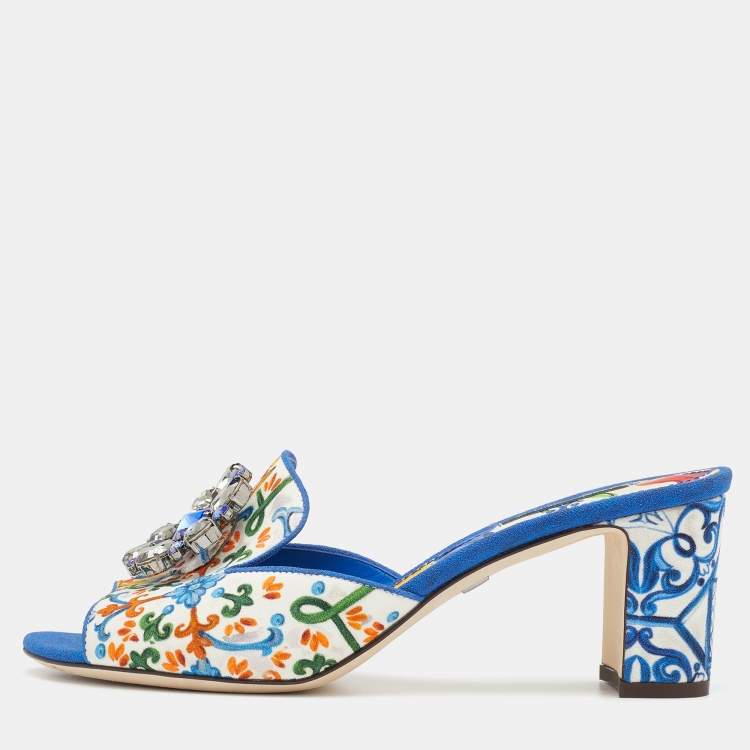 Pre Owned Dolce & Gabbana Multicolor Floral Print Fabric Embellished Slide Sandals Size 39