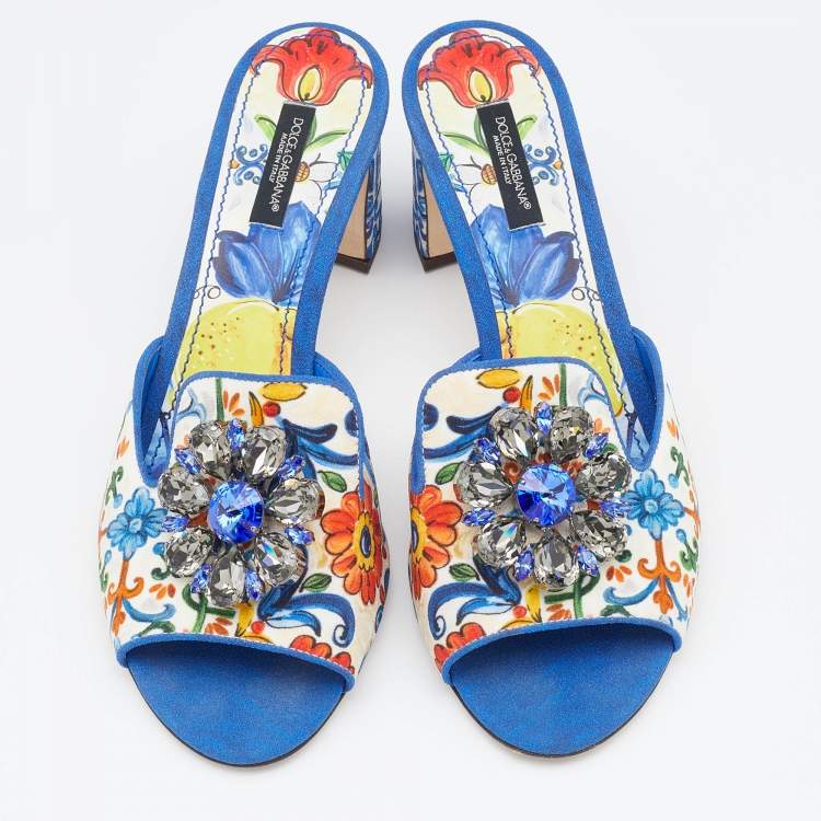 Pre Owned Dolce & Gabbana Multicolor Floral Print Fabric Embellished Slide Sandals Size 39