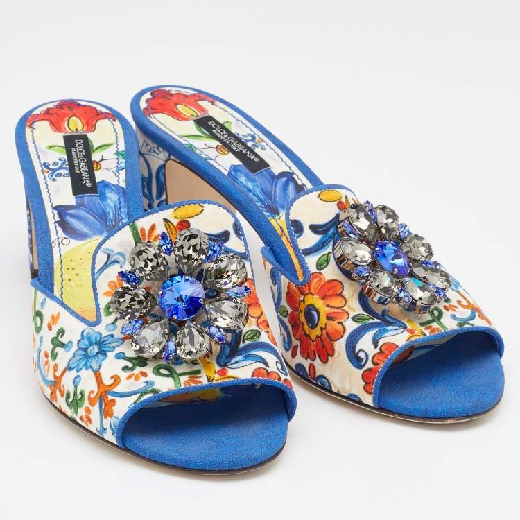 Pre Owned Dolce & Gabbana Multicolor Floral Print Fabric Embellished Slide Sandals Size 39