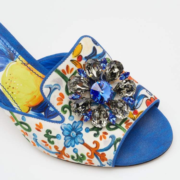 Pre Owned Dolce & Gabbana Multicolor Floral Print Fabric Embellished Slide Sandals Size 39