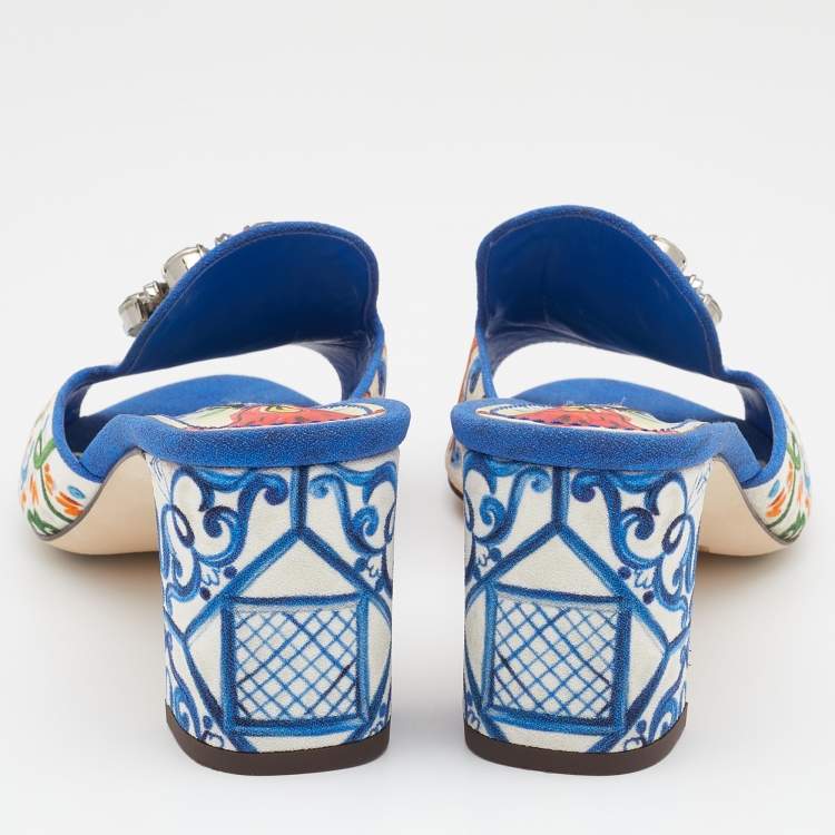 Pre Owned Dolce & Gabbana Multicolor Floral Print Fabric Embellished Slide Sandals Size 39
