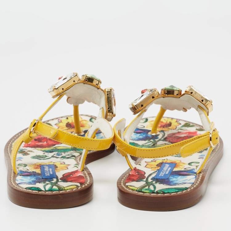 Pre Owned Dolce & Gabbana Multicolor Patent Crystal Embellished Thong Strap Flat Sandals Size 37