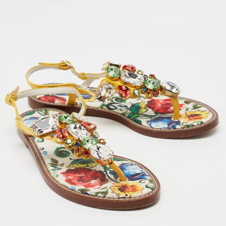 Pre Owned Dolce & Gabbana Multicolor Patent Crystal Embellished Thong Strap Flat Sandals Size 37
