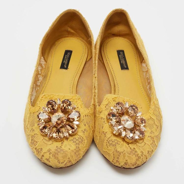 Pre Owned Dolce & Gabbana Yellow Lace Crystal Embellished Taormina Ballet Flats Size 40