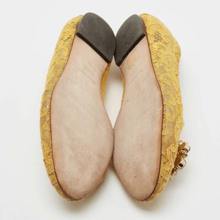 Pre Owned Dolce & Gabbana Yellow Lace Crystal Embellished Taormina Ballet Flats Size 40