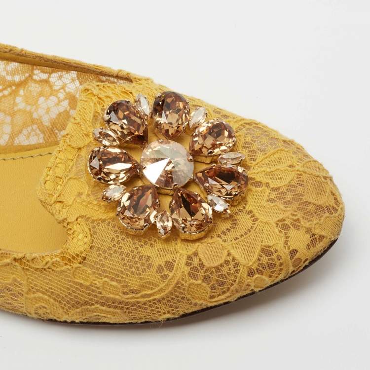 Pre Owned Dolce & Gabbana Yellow Lace Crystal Embellished Taormina Ballet Flats Size 40