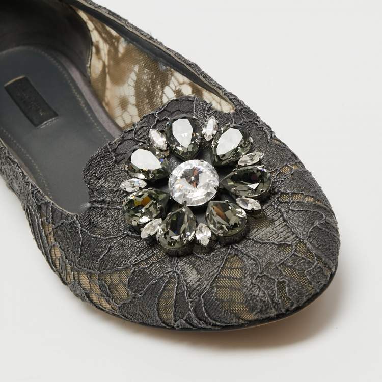 Pre Owned Dolce & Gabbana Grey Lace Crystal Embellished Taormina Ballet Flats Size 40