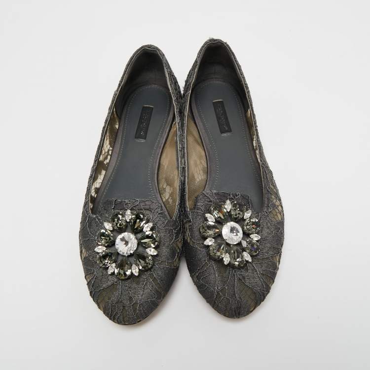 Pre Owned Dolce & Gabbana Grey Lace Crystal Embellished Taormina Ballet Flats Size 40