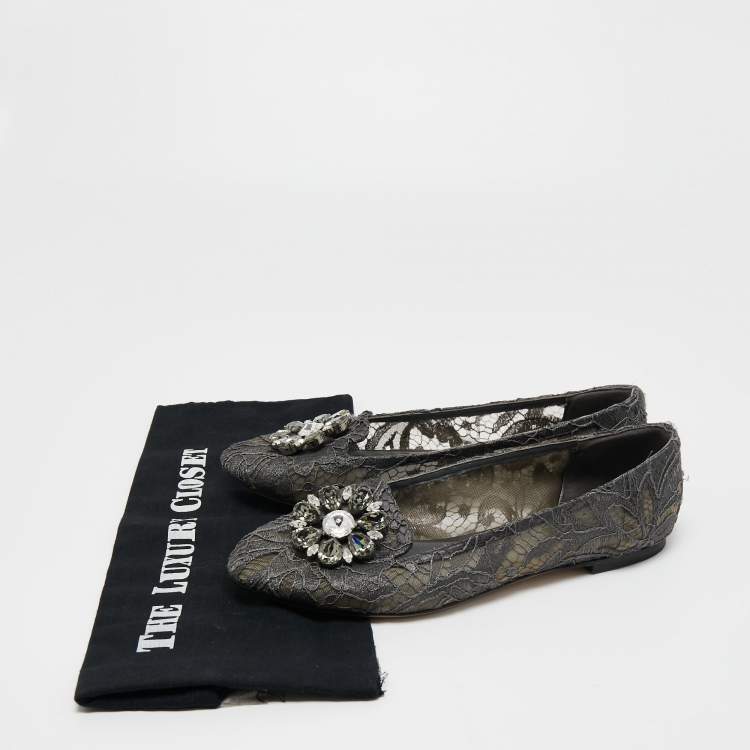 Pre Owned Dolce & Gabbana Grey Lace Crystal Embellished Taormina Ballet Flats Size 40