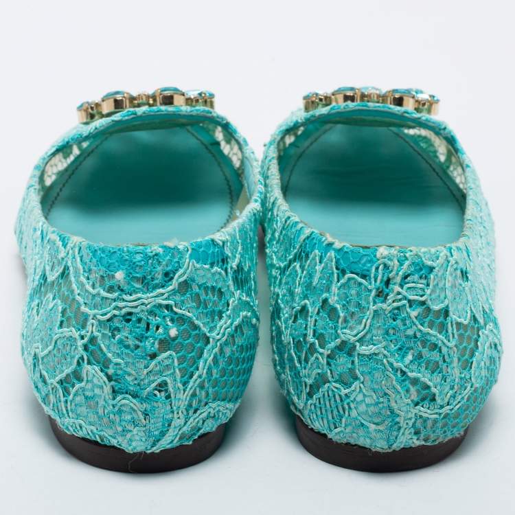 Pre Owned Dolce & Gabbana Blue Lace Crystal Embellished Taormina Ballet Flats Size 40