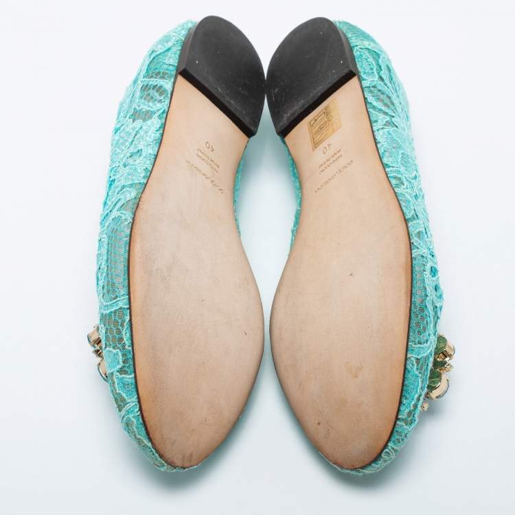 Pre Owned Dolce & Gabbana Blue Lace Crystal Embellished Taormina Ballet Flats Size 40