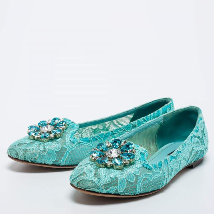 Pre Owned Dolce & Gabbana Blue Lace Crystal Embellished Taormina Ballet Flats Size 40
