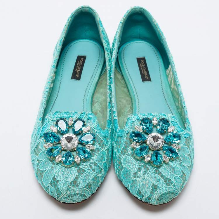 Pre Owned Dolce & Gabbana Blue Lace Crystal Embellished Taormina Ballet Flats Size 40