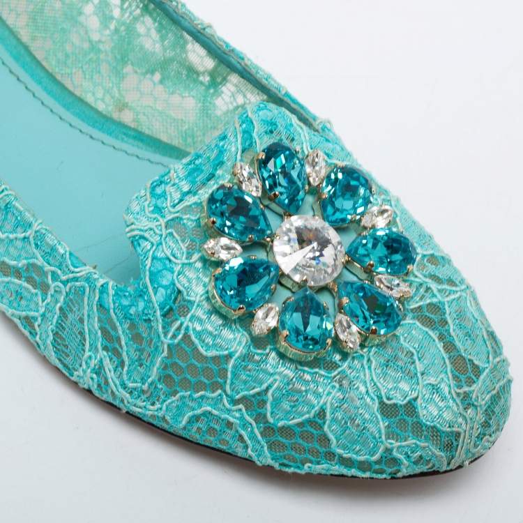 Pre Owned Dolce & Gabbana Blue Lace Crystal Embellished Taormina Ballet Flats Size 40