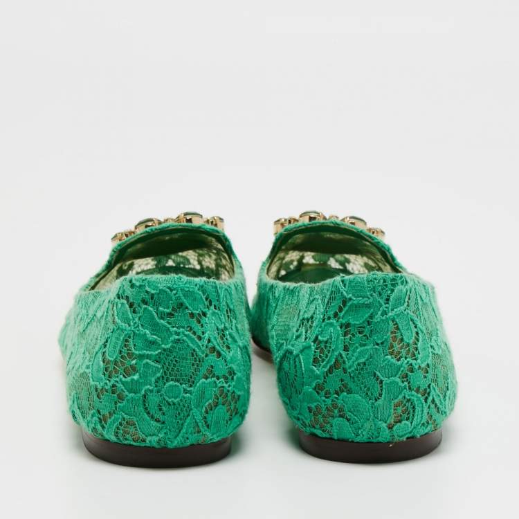 Pre Owned Dolce & Gabbana Green Lace Crystal Embellished Taormina Ballet Flats Size 40