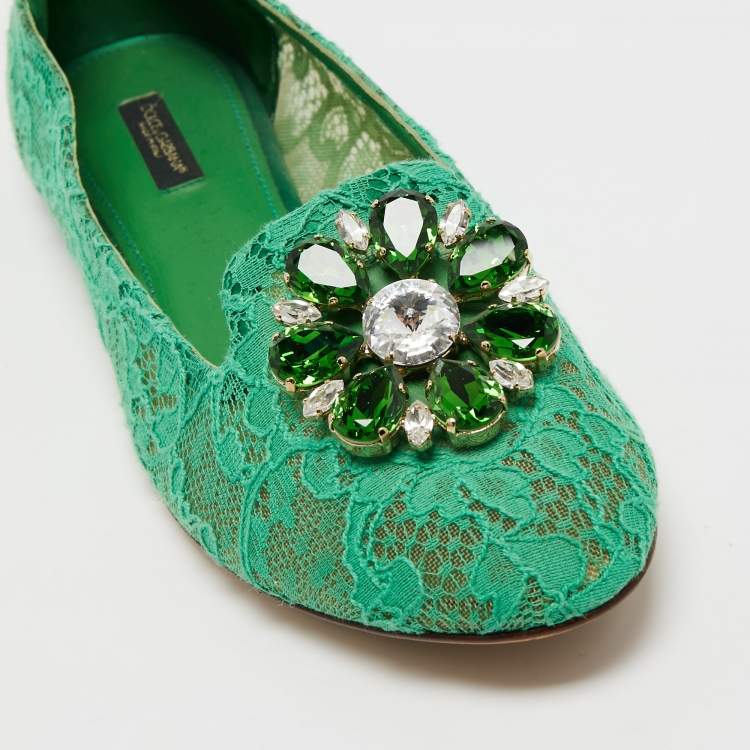 Pre Owned Dolce & Gabbana Green Lace Crystal Embellished Taormina Ballet Flats Size 40