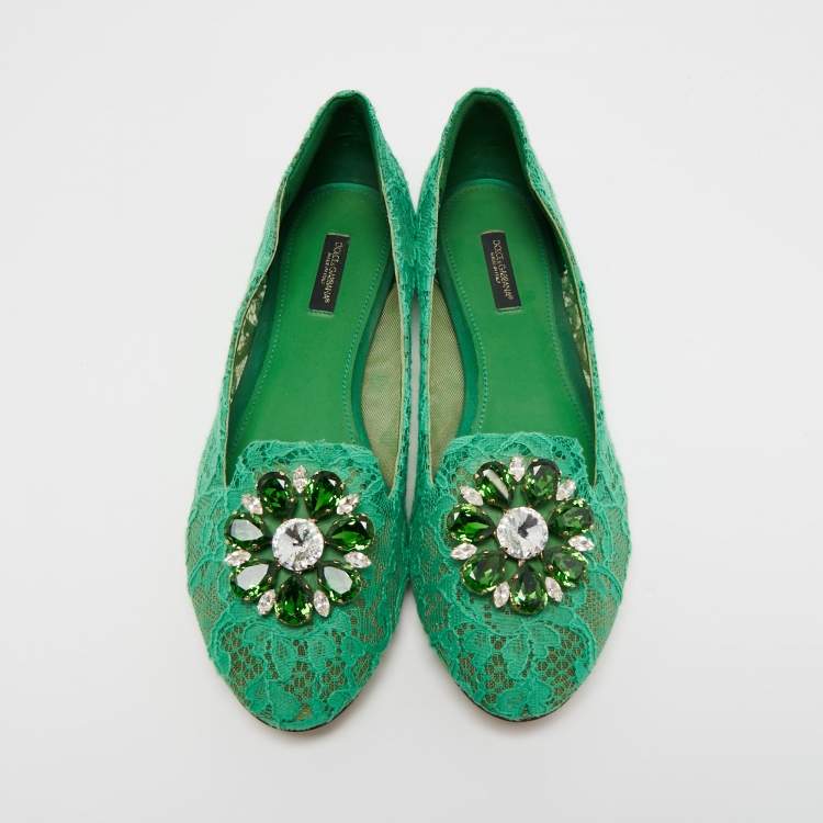 Pre Owned Dolce & Gabbana Green Lace Crystal Embellished Taormina Ballet Flats Size 40