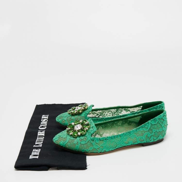 Pre Owned Dolce & Gabbana Green Lace Crystal Embellished Taormina Ballet Flats Size 40