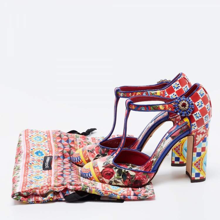 مملوكة مسبقًا Dolce & Gabbana Multicolor Floral Print Patent Leather Embellished T-Strap Pumps Size 36.5