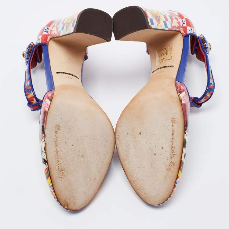 مملوكة مسبقًا Dolce & Gabbana Multicolor Floral Print Patent Leather Embellished T-Strap Pumps Size 36.5